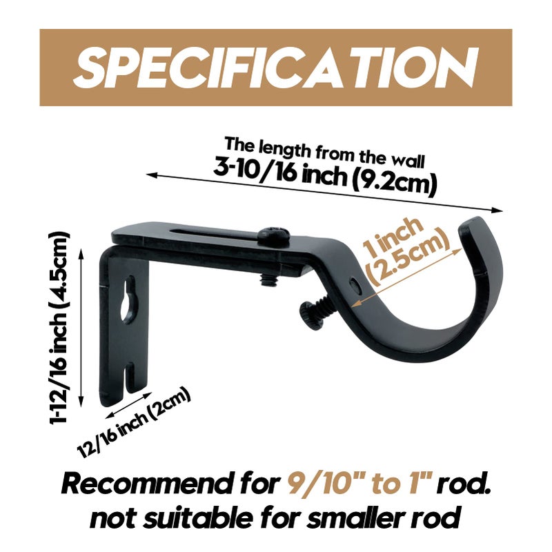 AddGrace Adjustable Curtain Rod Bracket Fits up to 1 inch Curtain Rod Sturdy Premium Brackets for Wall Set of 6 Black - Image 2